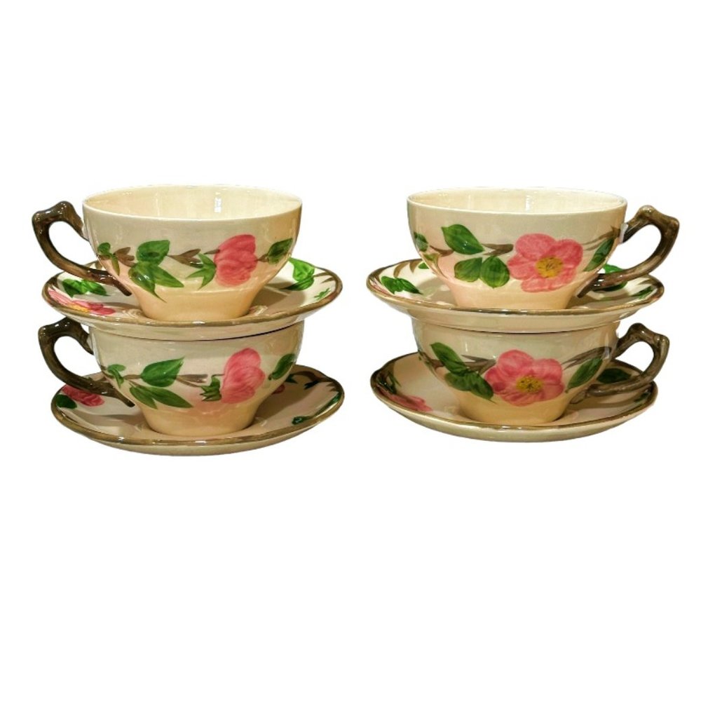 Franciscan Pink Floral Cream Teacups and Saucers Set